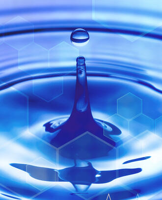 A water droplet creates a ripple with a medical hexagon pattern juxtaposed on top