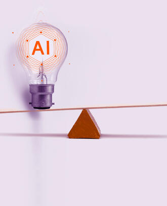 A lightbulb with the acronym 'AI' balances on a seesaw