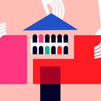 An illlustration of hands holding geometric pieces forming a university