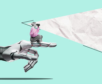 A woman looking through binoculars sits on top of a robot hand